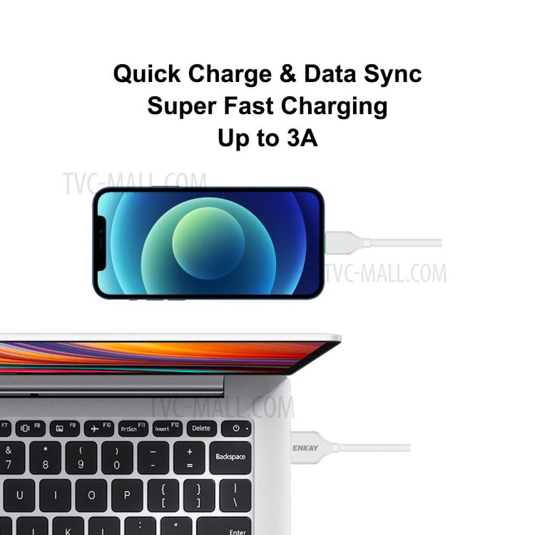 ENKAY ENK-CB206 1m USB 2.0 to Lightning 3A Sync Data Quick Charge Cable Wire Cord for iPhone 12 11 Pro X Max