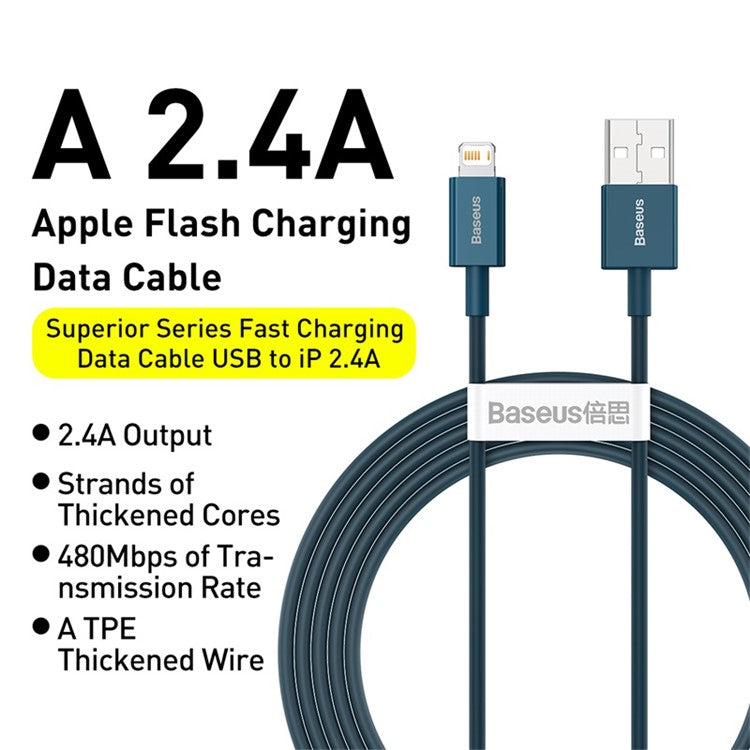 BASEUS Superior Series USB to iP 2.4A Fast Charging Data Cable 1m - Blue
