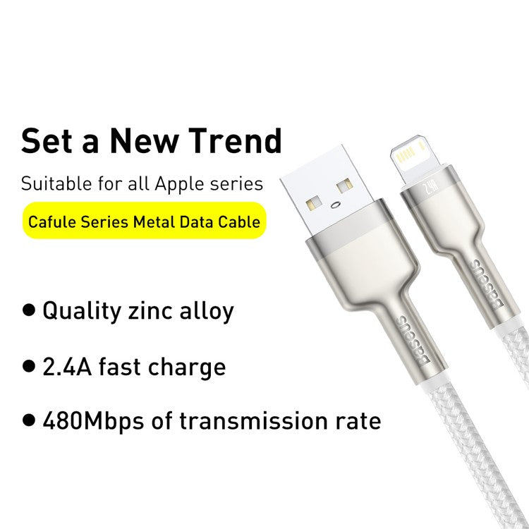 BASEUS Cafule Series Metal Data Cable USB to IP 2.4A Charging Cord 2m - White