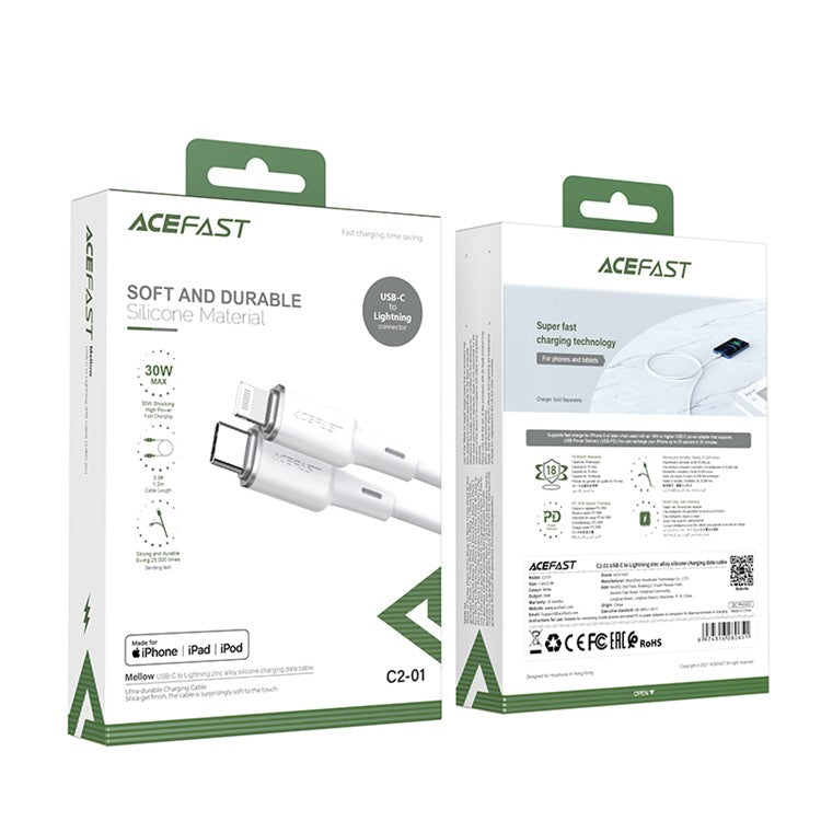 ACEFAST C2-01 MFI for iPhone 15 Series USB-C to Lightning Zinc Alloy Silicone Charging Data Cable - White