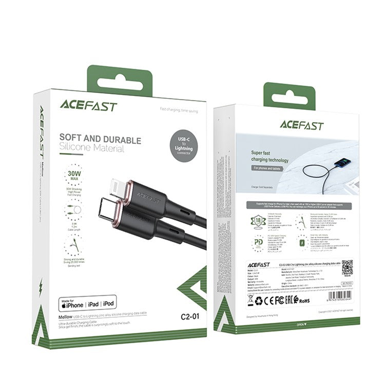 ACEFAST C2-01 MFI for iPhone 15 Series USB-C to Lightning Zinc Alloy Silicone Charging Data Cable - Black