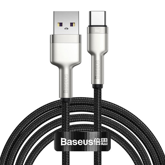 BASEUS Cafule Series 2m Metal Data Cable USB to Type-C 66W Nylon Braided Charging Cord - Black