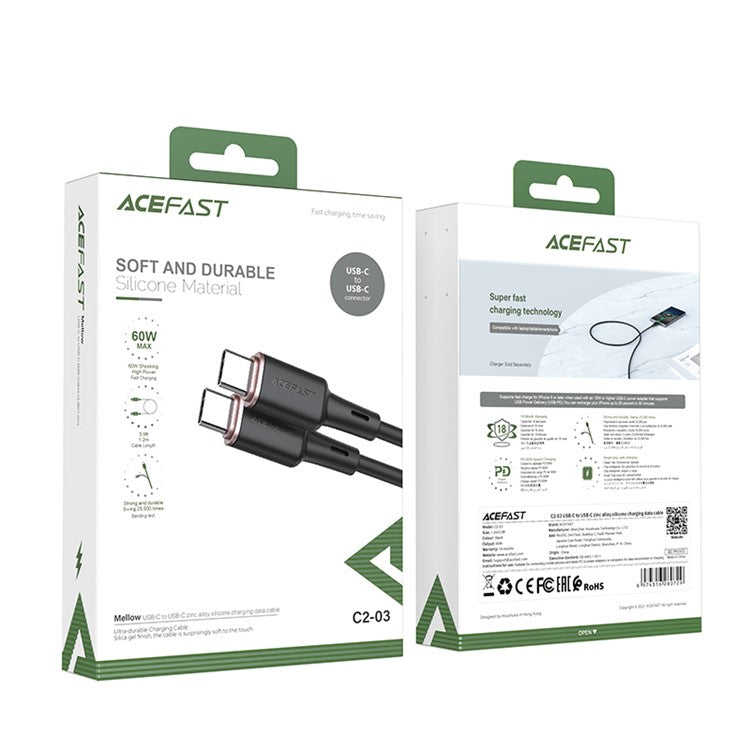 ACEFAST C2-03 for iPhone 15 Series USB-C to USB-C Zinc Alloy Plug Silicone Charging Data Cable 1.2m - Black