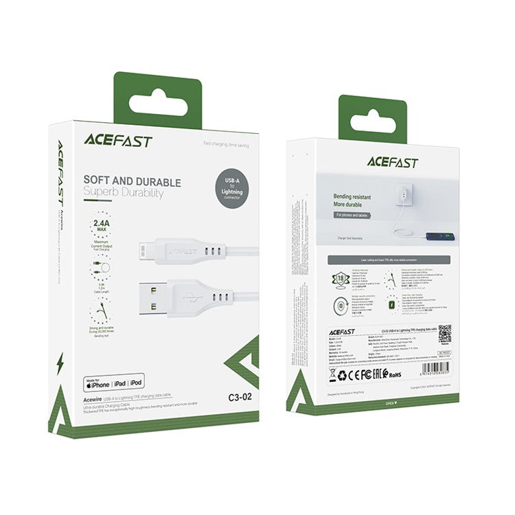 ACEFAST C3-02 MFI Certified USB-A to Lightning TPE Charging Data Cable 1.2m - White