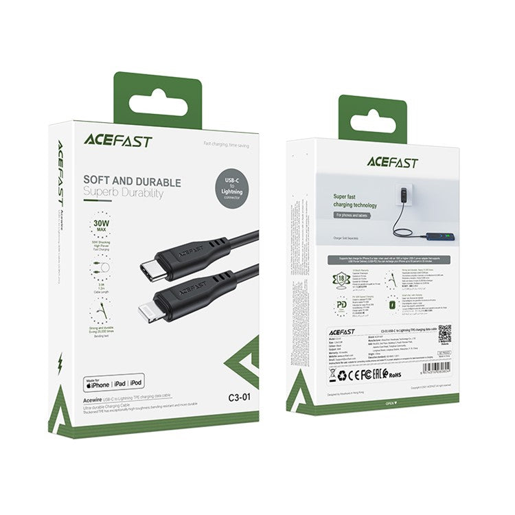 ACEFAST C3-01 MFI Certified USB-C to Lightning TPE Charging Data Cable Support PD30W Fast Charging 1.2m - Black
