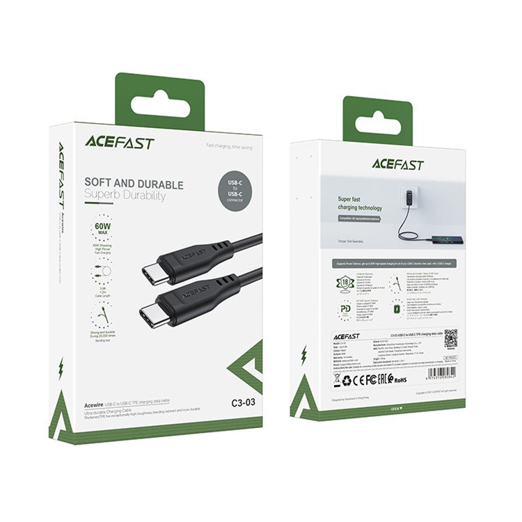 ACEFAST C3-03 for iPhone 15 Series 60W High Power USB-C to USB-C TPE Charging Data Cable 1.2m - Black
