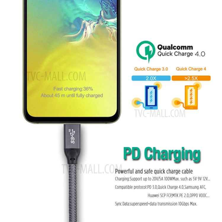 1.5m USB-C Male to Male Cable 20Gbps 4K Transmission PD100W 5A/20V Fast Charging Cord for Macbook Pro