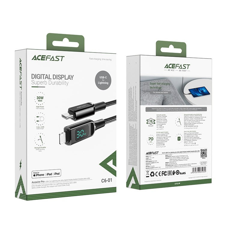 ACEFAST C6-01 for iPhone 15 Series MFi Certified USB-C to Lightning Zinc Alloy Braided Charging Data Cable with Digital Display - Black
