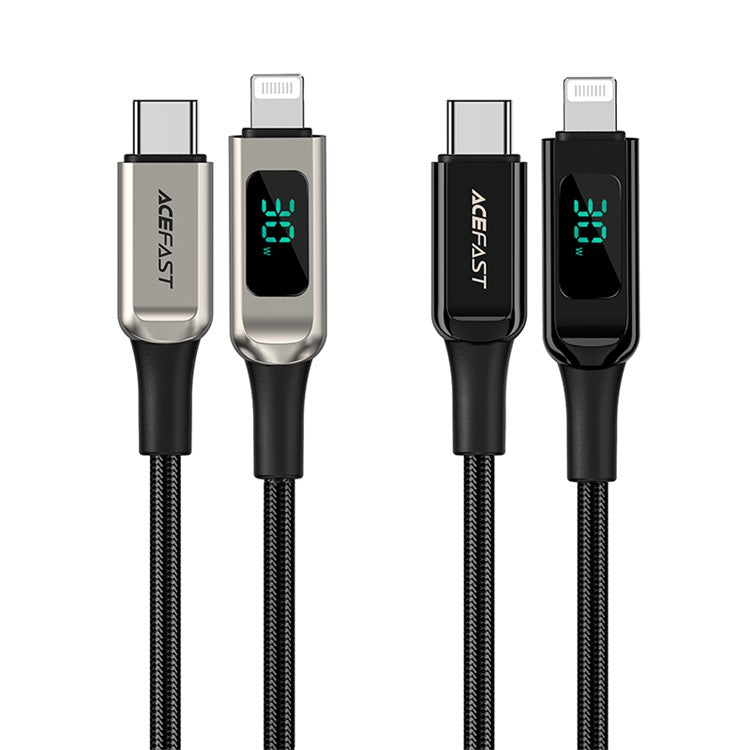 ACEFAST C6-01 for iPhone 15 Series MFi Certified USB-C to Lightning Zinc Alloy Braided Charging Data Cable with Digital Display - Silver