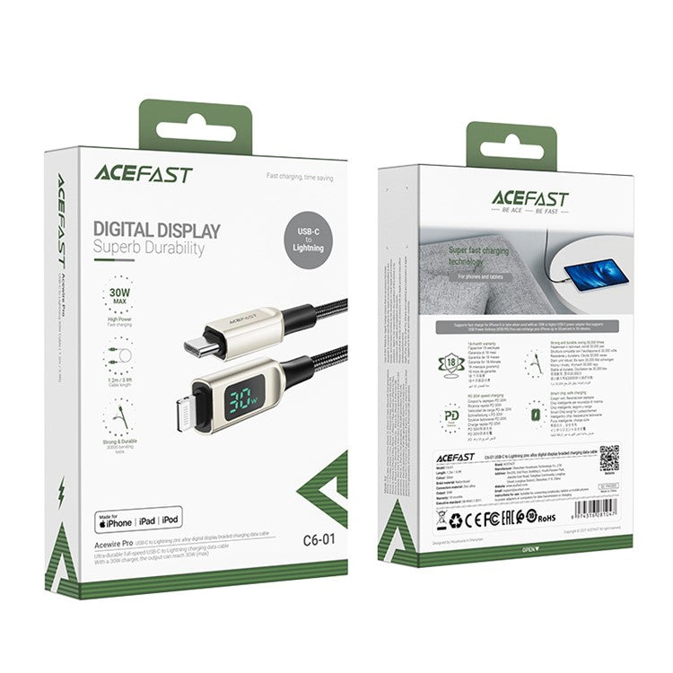 ACEFAST C6-01 for iPhone 15 Series MFi Certified USB-C to Lightning Zinc Alloy Braided Charging Data Cable with Digital Display - Silver