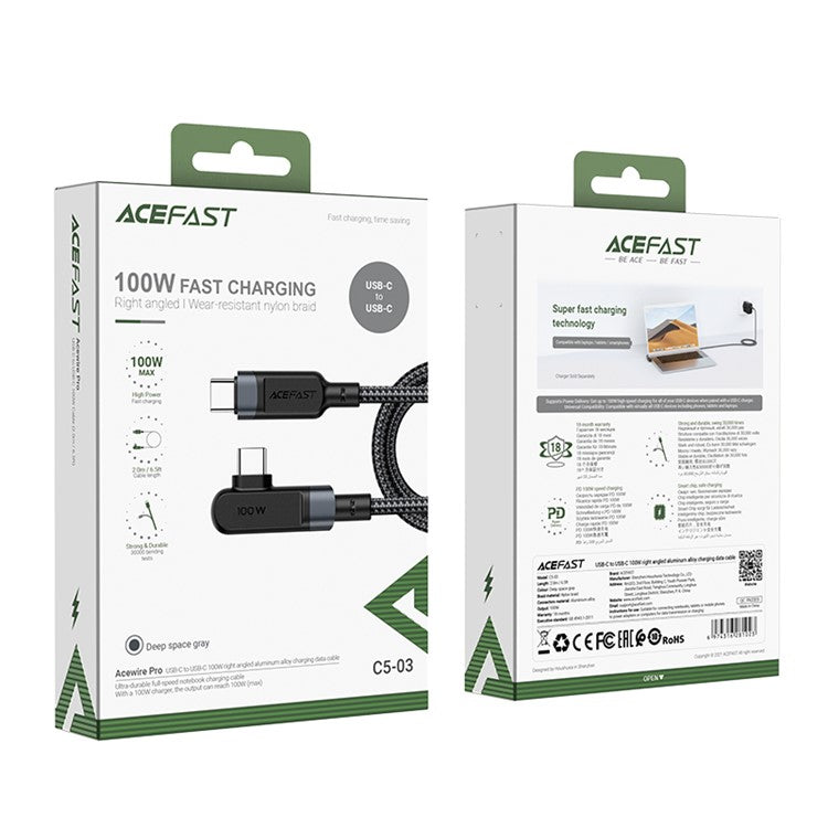 ACEFAST C5-03 for iPhone 15 Series USB-C to USB-C 100W 90 Degree Right Angled Aluminum Alloy Charging Data Cable - Grey