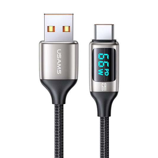 USAMS US-SJ544 U78 1.2m Type-C 6A Digital Display Fast Charging Cable Zinc Alloy Plug Braided Data Cord - White