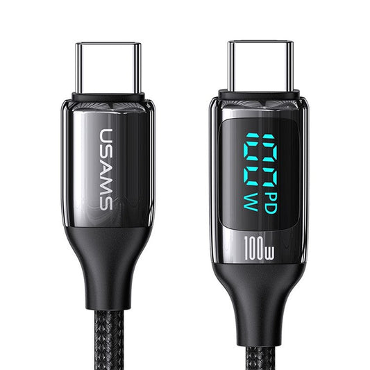 USAMS US-SJ546 U78 1.2m Type-C to Type-C 100W PD Fast Charging Cable Digital Display Zinc Alloy Plug Braided Data Cord - Black