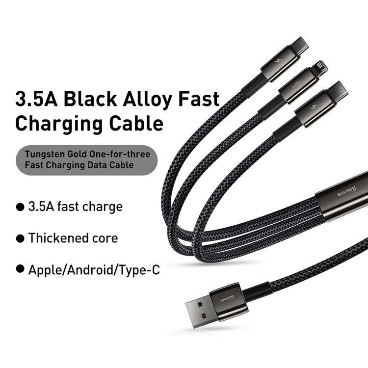 BASEUS Tungsten Gold One-for-three Fast Charging Data Cable USB to iP+Type-C+Micro 3.5A 1.5m - Black