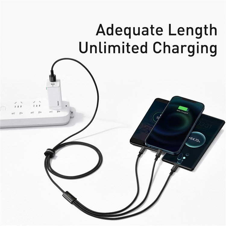 BASEUS Tungsten Gold One-for-three Fast Charging Data Cable USB to iP+Type-C+Micro 3.5A 1.5m - Black