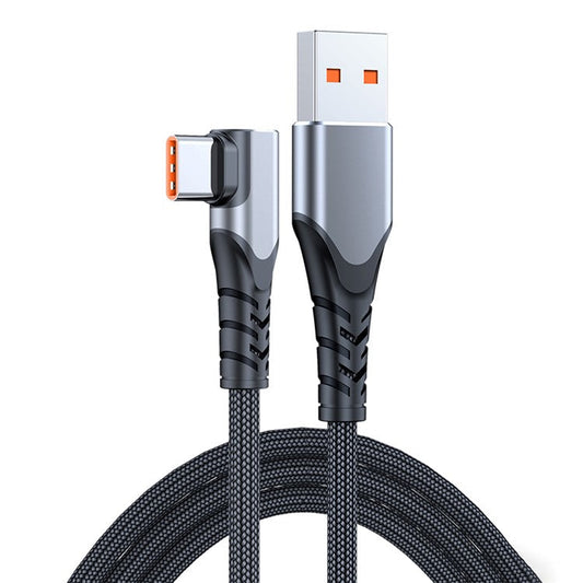 2m 6A 66W Fast Charging Cable USB to Type-C Right Angle Braided Data Cord for Huawei Samsung - Grey