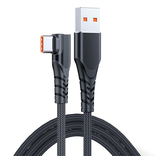 2m 6A 66W Fast Charging Cable USB to Type-C Right Angle Braided Data Cord for Huawei Samsung - Black