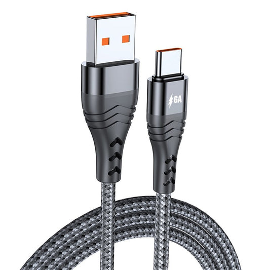 ADC-005 2m USB to Type-C 6A High Current 66W Fast Charging Cable Braided Data Cord for Huawei Samsung - Black