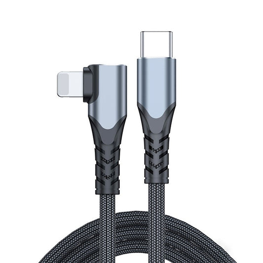A6 PD 20W Fast Charging Cable 90-degree Elbow Type-C to Lightning Braided Cell Phone Cable Data Transmission Cord, 2m - Grey