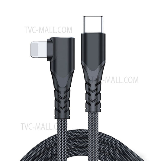 A6 PD 20W Fast Charging Cable 90-degree Elbow Type-C to Lightning Braided Cell Phone Cable Data Transmission Cord, 2m - Black