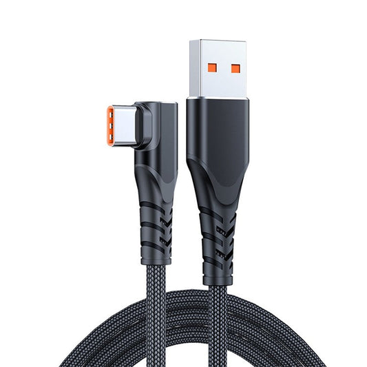 66W Elbow Design Braided USB to Type-C Fast 6A Charging Cable Cell Phone Cable Data Transmission Cord 3m - Black