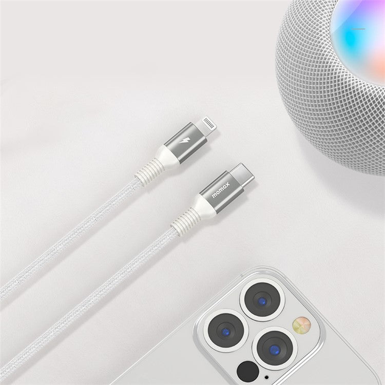MOMAX Braided Lightning Cable 1.2m PD Fast Charging Cable USB C to Lightning Charging Cord [MFi Certified] - White