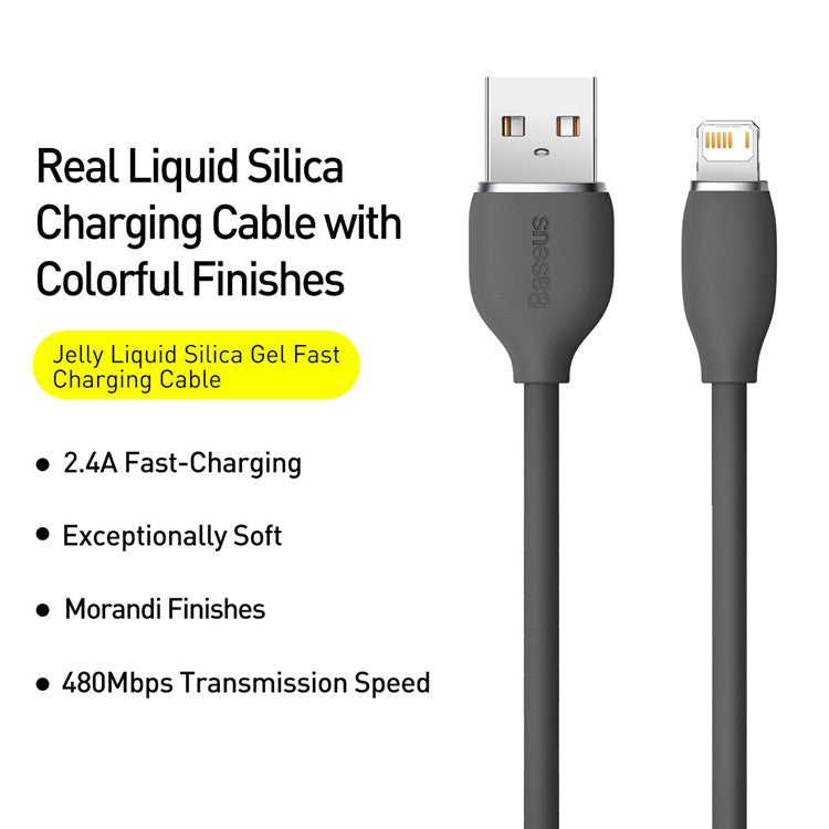BASEUS Liquid Silicone Gel USB to iP Cell Phone Cable 2m Charging Cable 2.4A Fast Charging 480Mbps Data Transmission Cord - Black