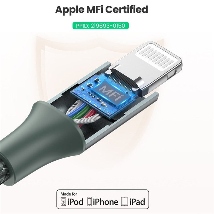 UGREEN MFI Certified Type-C to Lightning 3A PD Charger Aluminum Shell High Speed Data Cable for iOS - Midnight Green
