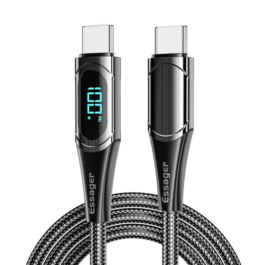 ESSAGER 1m Data Cable Braided Design for MacBook 100W 5A Supports QC 3.0 Charge Cable with LED Digital Screen - Black