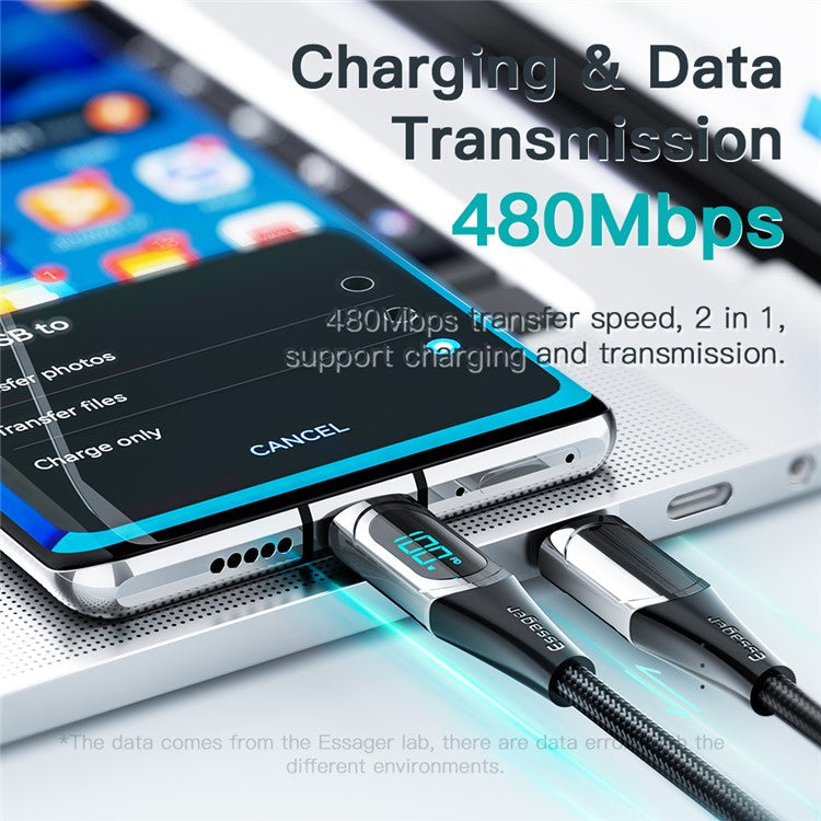 ESSAGER 1m Data Cable Braided Design for MacBook 100W 5A Supports QC 3.0 Charge Cable with LED Digital Screen - Black
