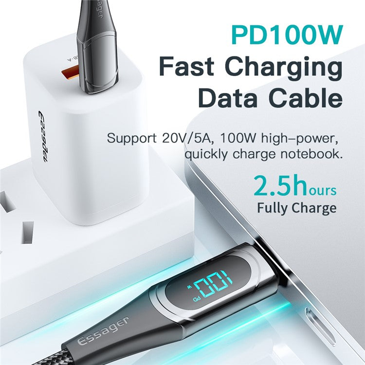 ESSAGER 1m Data Cable Braided Design for MacBook 100W 5A Supports QC 3.0 Charge Cable with LED Digital Screen - Blue