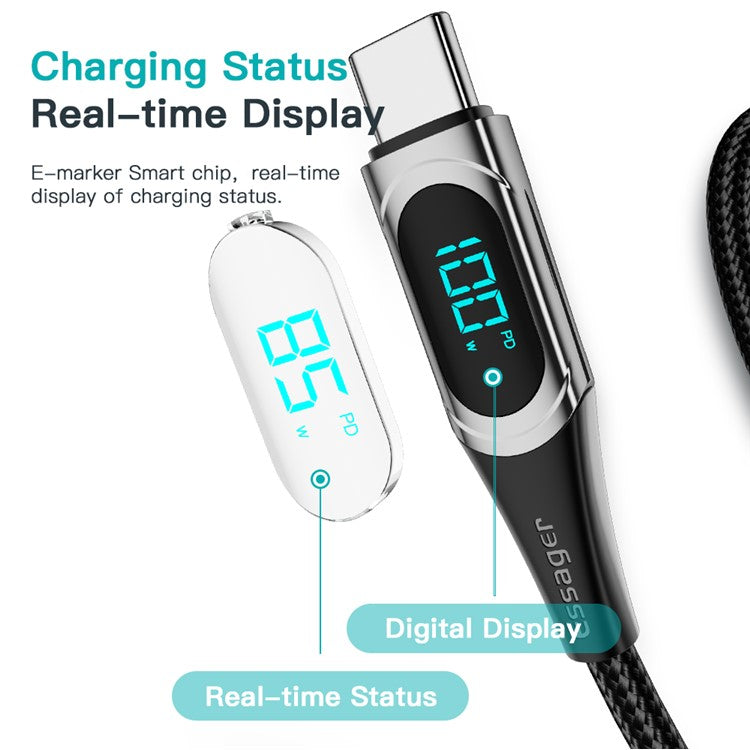 ESSAGER 1m Data Cable Braided Design for MacBook 100W 5A Supports QC 3.0 Charge Cable with LED Digital Screen - Blue