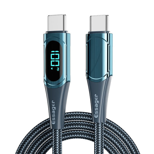 ESSAGER 2m USB C Cable to USB C 100W 5A Supports QC 3.0 Charge Cable Data Transfer Wire with LED Digital Screen for Laptop Smartphone - Blue
