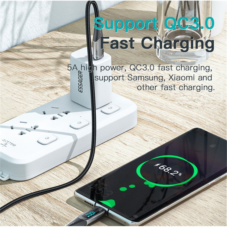 ESSAGER 2m USB C Cable to USB C 100W 5A Supports QC 3.0 Charge Cable Data Transfer Wire with LED Digital Screen for Laptop Smartphone - Blue