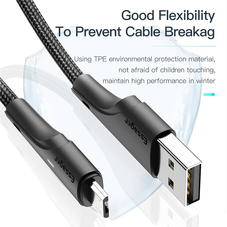 ESSAGER 3m Super Long USB to Micro USB Cell Phone Cable 2.4A Fast Charging 480Mbps Transmission Cord - Black