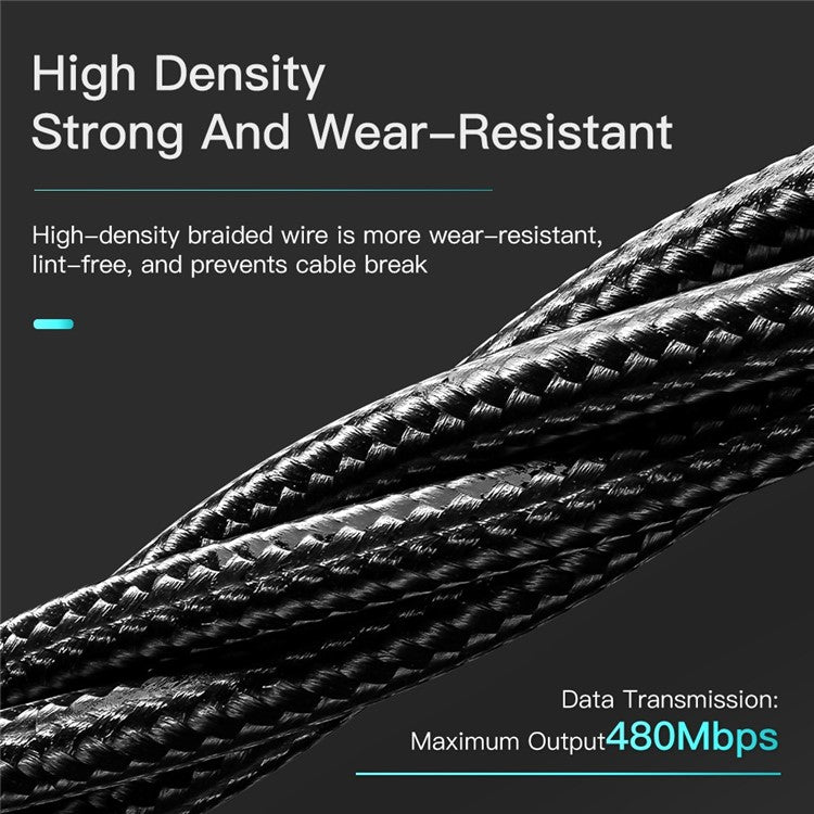 ESSAGER 2m Phone Charge Cable USB to Micro USB 2.4A Fast Charging 480Mbps Transfer Wire LED Light Design Cord - Black