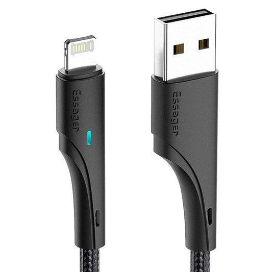 ESSAGER 3m Smartphone Charger Cord 2.4A Cable USB to iP 480Mbps Transfer Braided Design LED Light for Lightning Devices - Black