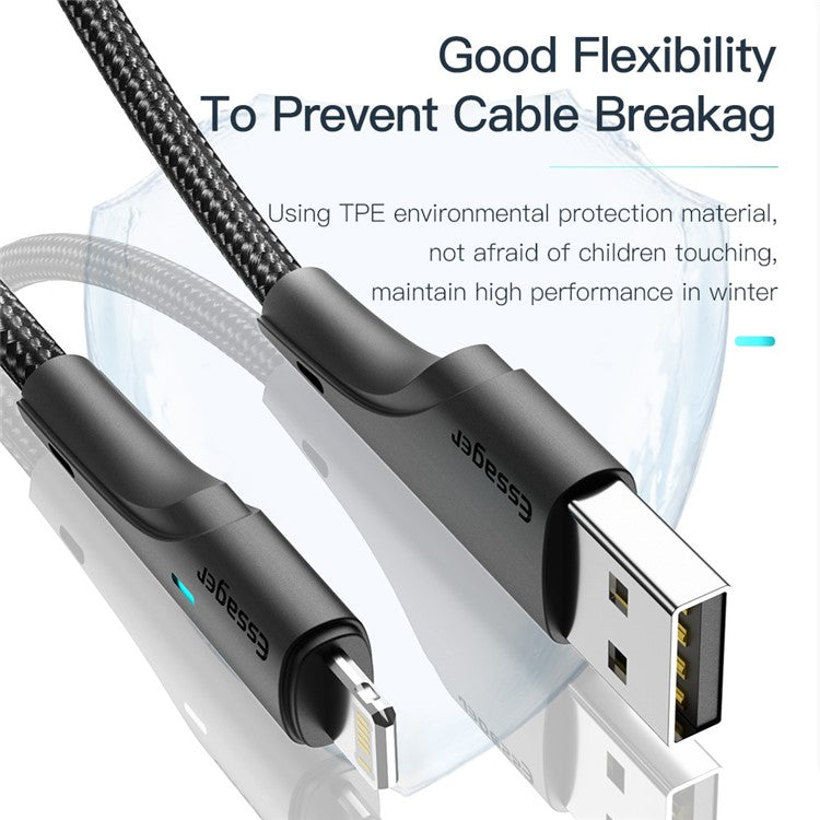 ESSAGER 3m Smartphone Charger Cord 2.4A Cable USB to iP 480Mbps Transfer Braided Design LED Light for Lightning Devices - Black