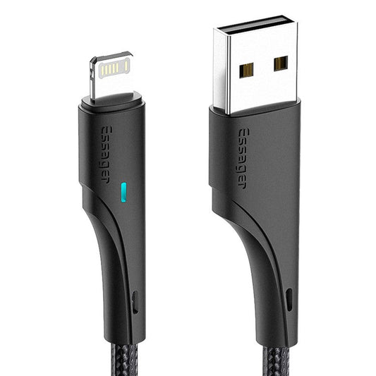 ESSAGER 1m Cell Phone Cable USB to iP 2.4A Fast Charging Cord 480Mbps Transfer Braided Design LED Light Design Line for Lightning Devices - Black