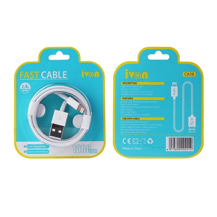IVON CA19 1m USB to 8 Pin Lightning Data Cable 2.4A Fast Charging Wire for iOS