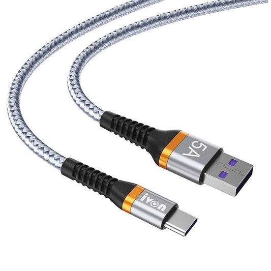 IVON CA79 for iPhone 15 Series 5A Fast Charging Type-C Cable Aluminum Alloy Shell Nylon Woven Data Cord, 1m - Grey