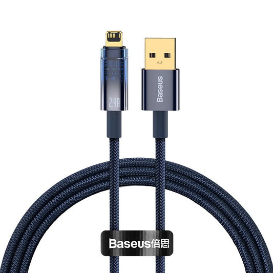 BASEUS Explorer Series 1m USB to iP Cable Auto Power Off/On 2.4A Fast Charging LED Light Indicator Data Transfer Nylon Braided Cord - Blue