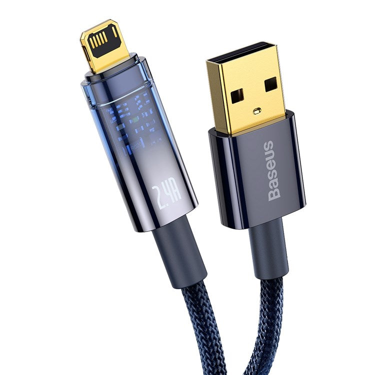 BASEUS Explorer Series 1m USB to iP Cable Auto Power Off/On 2.4A Fast Charging LED Light Indicator Data Transfer Nylon Braided Cord - Blue