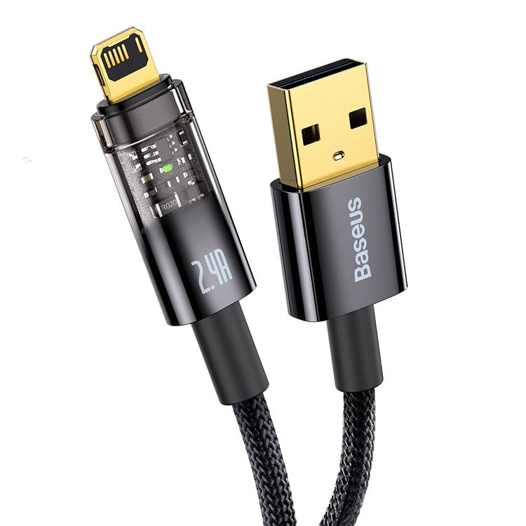 BASEUS Explorer Series 2m Auto Power Off/On USB to iP 2.4A Fast Charging Cable LED Light Indicator Data Transfer Nylon Braided Cord - Black