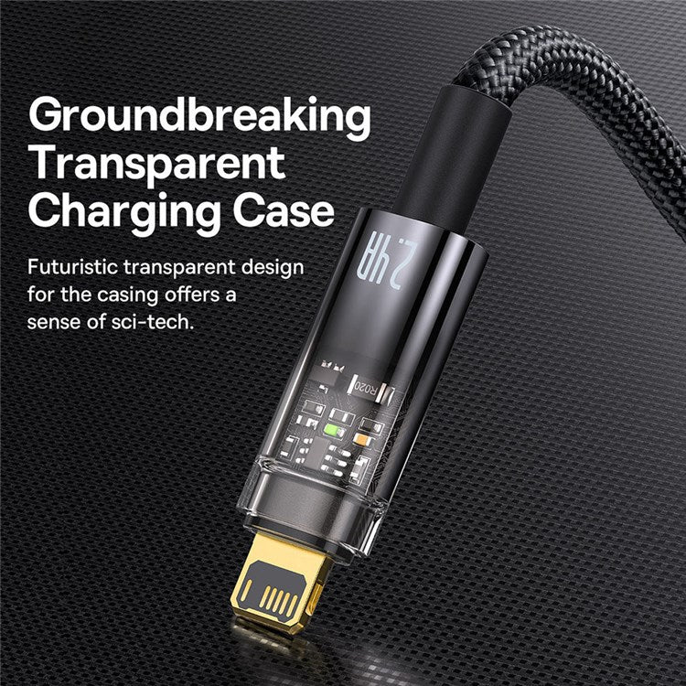 BASEUS Explorer Series 2m Auto Power Off/On USB to iP 2.4A Fast Charging Cable LED Light Indicator Data Transfer Nylon Braided Cord - Black
