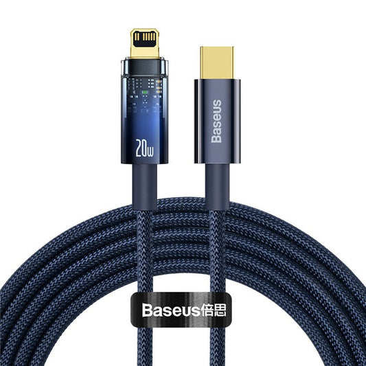 BASEUS Explorer Series 2m Auto Power Off/On Function Fast Charger Cell Phone Cable Type C to iP 20W Charging Wire LED Light Indicator Data Transfer Cord - Blue