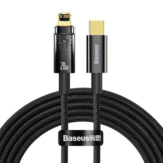 BASEUS Explorer Series 2m Auto Power Off/On Function Fast Charger Cell Phone Cable Type C to iP 20W Charging Wire LED Light Indicator Data Transfer Cord - Black