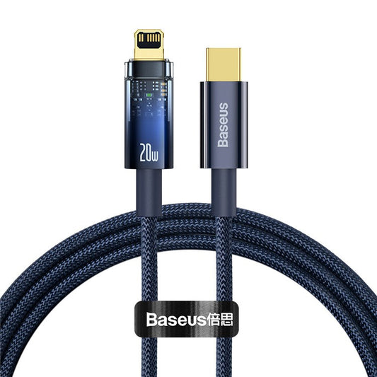 BASEUS Explorer Series 1m Type C to iP 20W Fast Charging Cable LED Light Indicator Data Cord with Auto Power Off/On Function - Blue