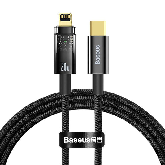 BASEUS Explorer Series 1m Type C to iP 20W Fast Charging Cable LED Light Indicator Data Cord with Auto Power Off/On Function - Black