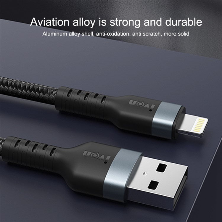 IVON CA88 USB to Lightning 12W 2.4A Fast Charging Cable 8 Pin Data Nylon Braided Cord, 1m